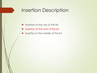 Insertion Description
 Insertion at the top of the list
 Insertion at the end of the list
 Insertion in the middle of the list
 
