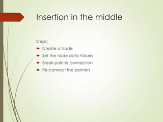 Insertion in the middle
Steps:
 Create a Node
 Set the node data Values
 Break pointer connection
 Re-connect the pointers
 