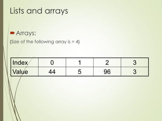 Lists and arrays
Arrays:
{Size of the following array is = 4}
Index 0 1 2 3
Value 44 5 96 3
 