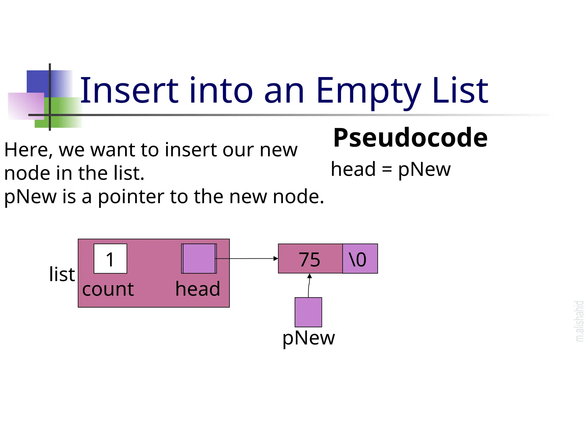Insert into an Empty List Pseudocode head = pNew ? ? count head list 0 0 0 75 pNew 1 Here, we want to insert our new node in the list. pNew is a pointer to the new node. 