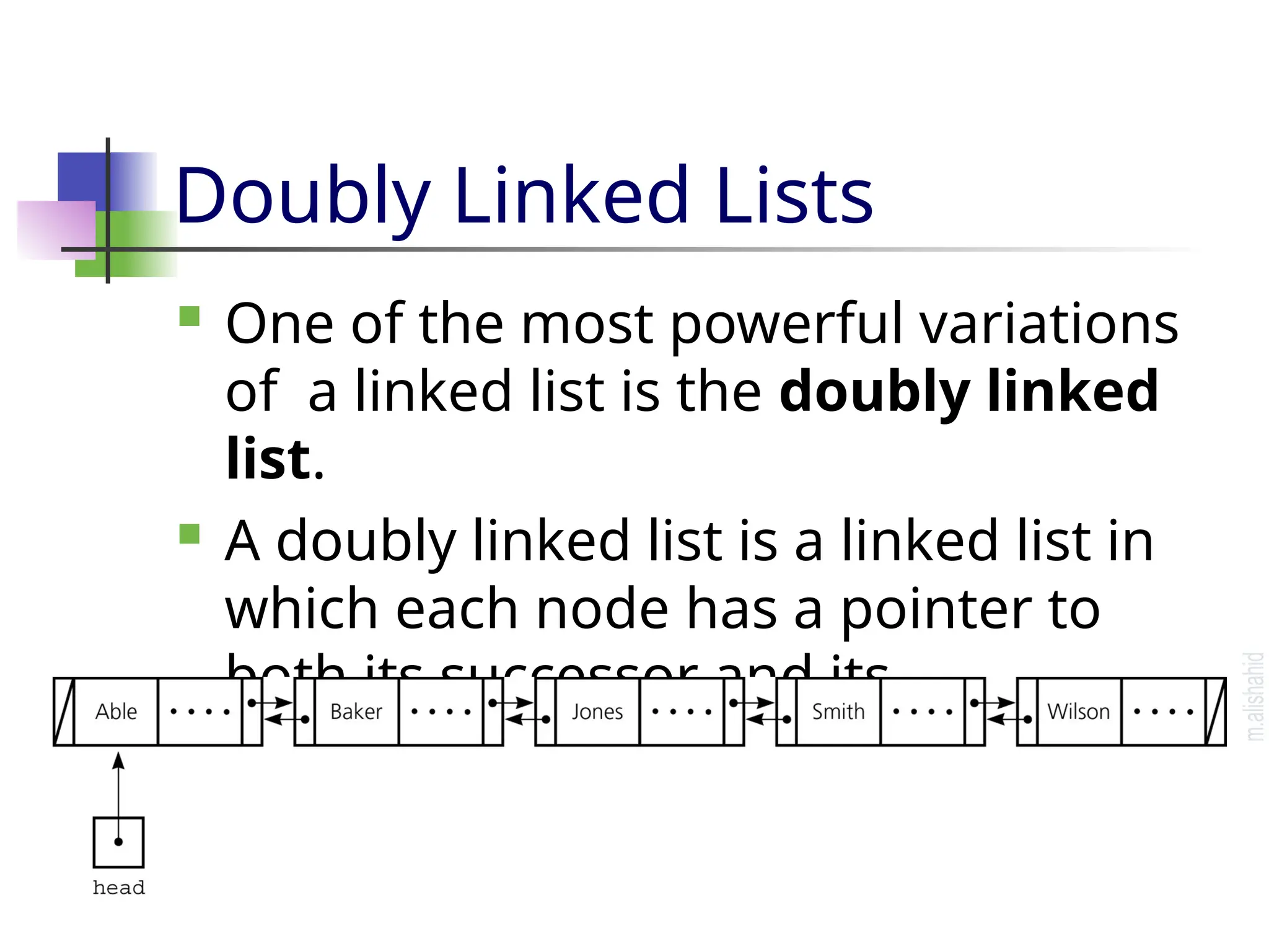 Doubly Linked Lists  One of the most powerful variations of a linked list is the doubly linked list.  A doubly linked list is a linked list in which each node has a pointer to both its successor and its predecessor. 