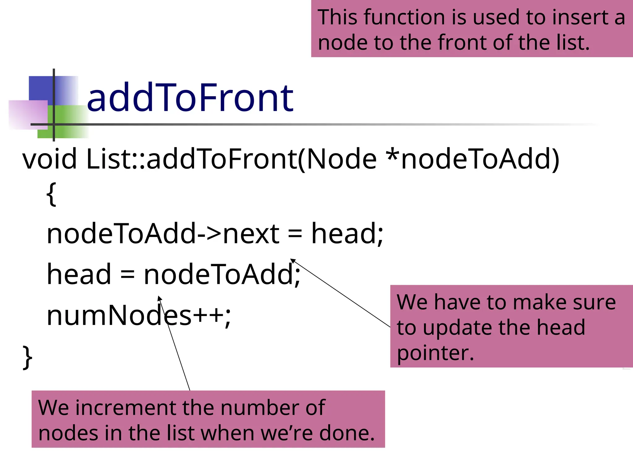 addToFront void List::addToFront(Node *nodeToAdd) { nodeToAdd->next = head; head = nodeToAdd; numNodes++; } We increment the number of nodes in the list when we’re done. We have to make sure to update the head pointer. This function is used to insert a node to the front of the list. 