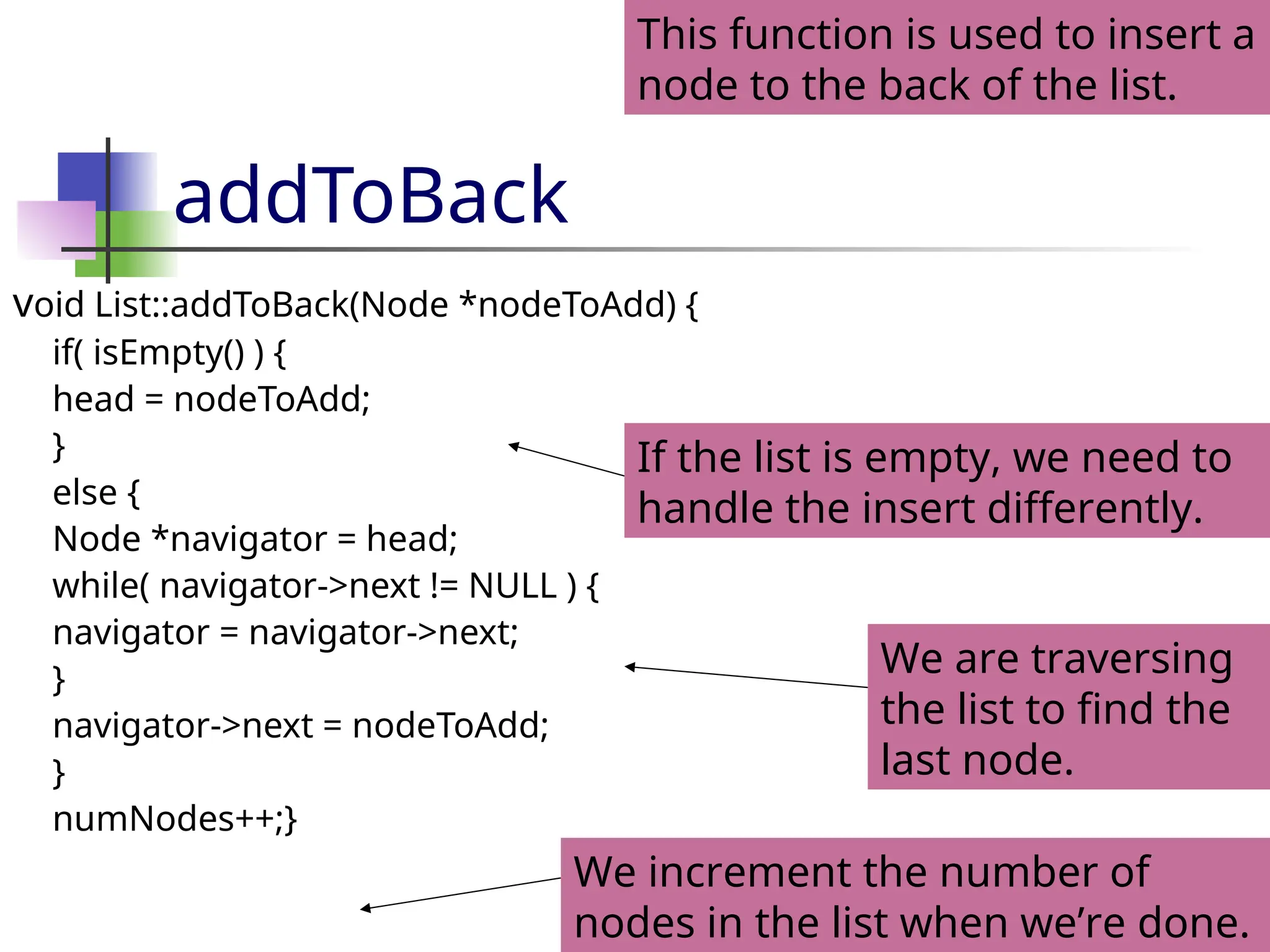 addToBack void List::addToBack(Node *nodeToAdd) { if( isEmpty() ) { head = nodeToAdd; } else { Node *navigator = head; while( navigator->next != NULL ) { navigator = navigator->next; } navigator->next = nodeToAdd; } numNodes++;} This function is used to insert a node to the back of the list. If the list is empty, we need to handle the insert differently. We increment the number of nodes in the list when we’re done. We are traversing the list to find the last node. 