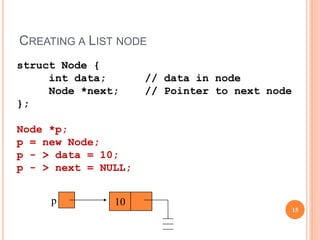 CREATING A LIST NODE
p 10
struct Node {
int data; // data in node
Node *next; // Pointer to next node
};
Node *p;
p = new Node;
p - > data = 10;
p - > next = NULL;
15
 