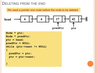 DELETING FROM THE END
4 17head 426
We need a pointer one node before the node to be deleted
predPtr
Node * ptr;
Node * predPtr;
ptr = head;
predPtr = NULL;
while (ptr->next != NULL)
{
predPtr = ptr;
ptr = ptr->next;
}
ptr
 