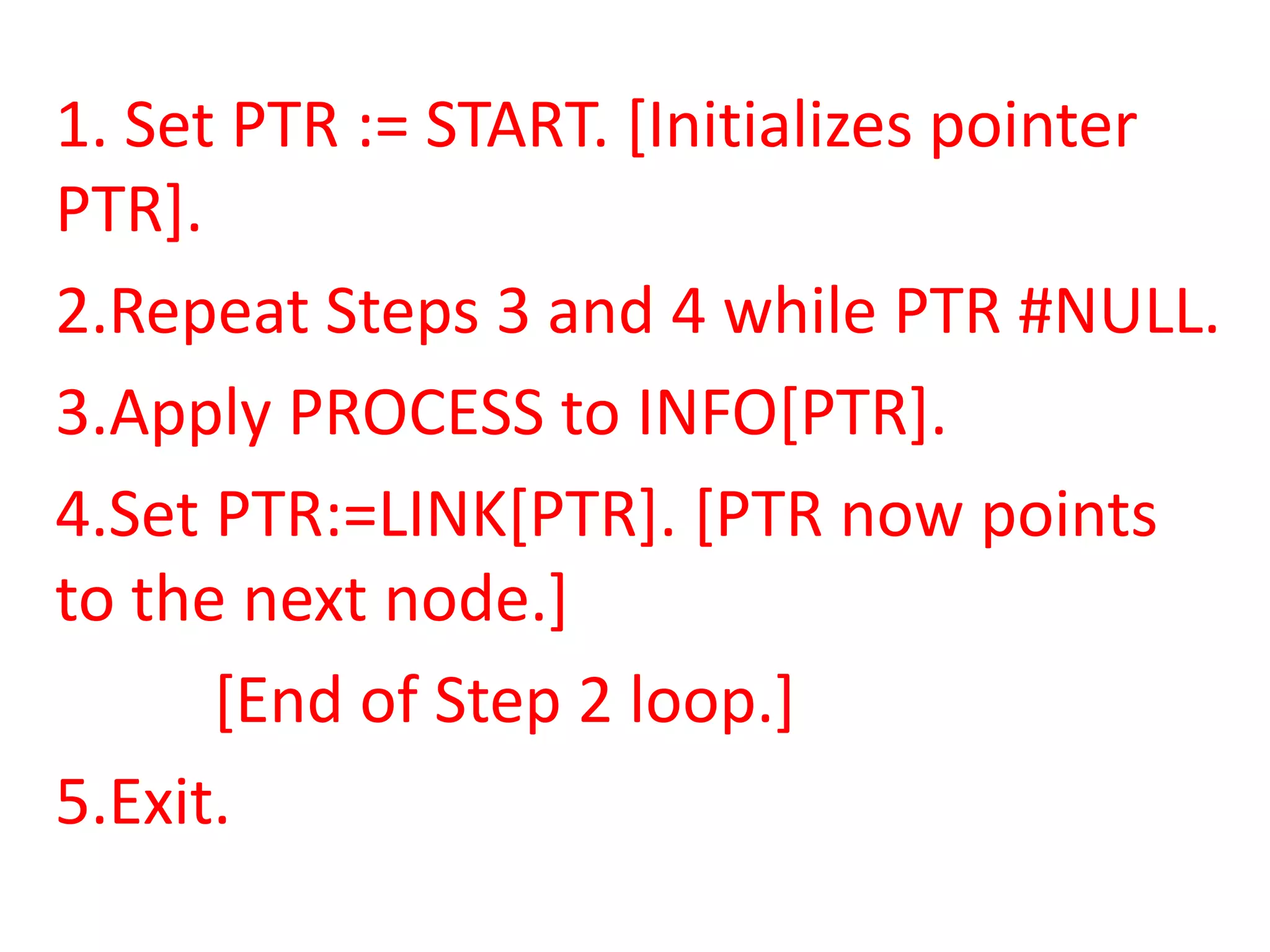 1. Set PTR := START. [Initializes pointer
PTR].
2.Repeat Steps 3 and 4 while PTR #NULL.
3.Apply PROCESS to INFO[PTR].
4.Set PTR:=LINK[PTR]. [PTR now points
to the next node.]
      [End of Step 2 loop.]
5.Exit.
 