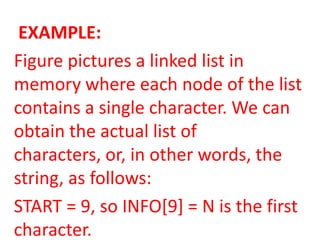 EXAMPLE:
Figure pictures a linked list in
memory where each node of the list
contains a single character. We can
obtain the actual list of
characters, or, in other words, the
string, as follows:
START = 9, so INFO[9] = N is the first
character.
 