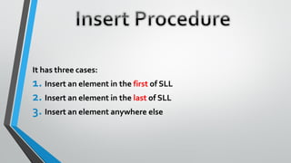 It has three cases:
1. Insert an element in the first of SLL
2. Insert an element in the last of SLL
3. Insert an element anywhere else
 