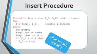 Procedure Insert (var L_S: L_P; numb: integer)
Var
P,S,temp : L_P; located : boolean
Begin
new(temp);
temp^.num := numb;
temp^.next := nil;
if (L_S = nil) then
L_S := temp
 