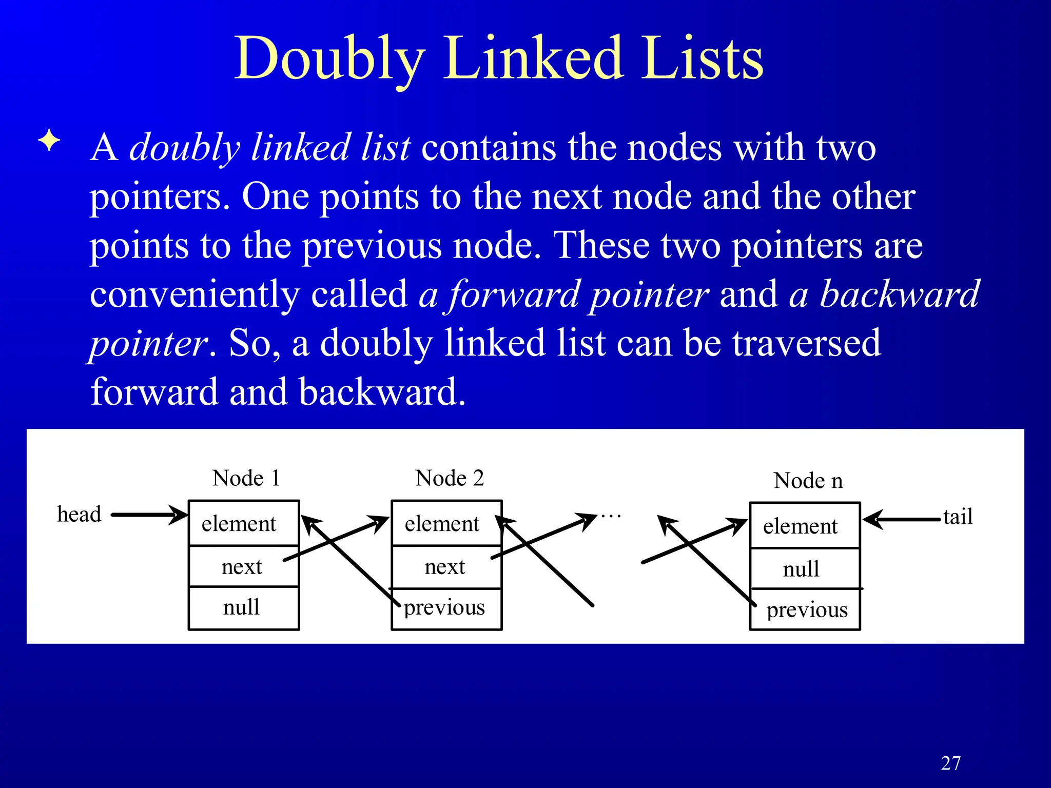 27
Doubly Linked Lists
 A doubly linked list contains the nodes with two
pointers. One points to the next node and the other
points to the previous node. These two pointers are
conveniently called a forward pointer and a backward
pointer. So, a doubly linked list can be traversed
forward and backward.
element
head
next
Node 1
element
next
Node 2
…
element
null
Node n
tail
null previous previous
 