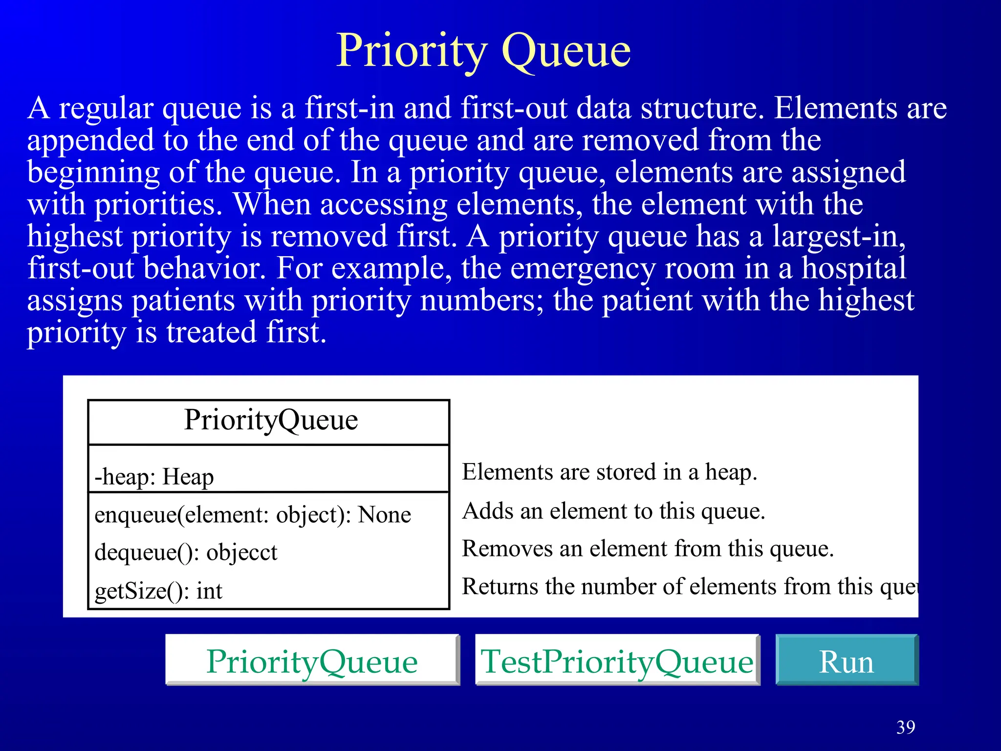 39
Priority Queue
A regular queue is a first-in and first-out data structure. Elements are
appended to the end of the queue and are removed from the
beginning of the queue. In a priority queue, elements are assigned
with priorities. When accessing elements, the element with the
highest priority is removed first. A priority queue has a largest-in,
first-out behavior. For example, the emergency room in a hospital
assigns patients with priority numbers; the patient with the highest
priority is treated first.
PriorityQueue Run
TestPriorityQueue
PriorityQueue
-heap: Heap
enqueue(element: object): None
dequeue(): objecct
getSize(): int
Adds an element to this queue.
Removes an element from this queue.
Returns the number of elements from this queue.
Elements are stored in a heap.
 