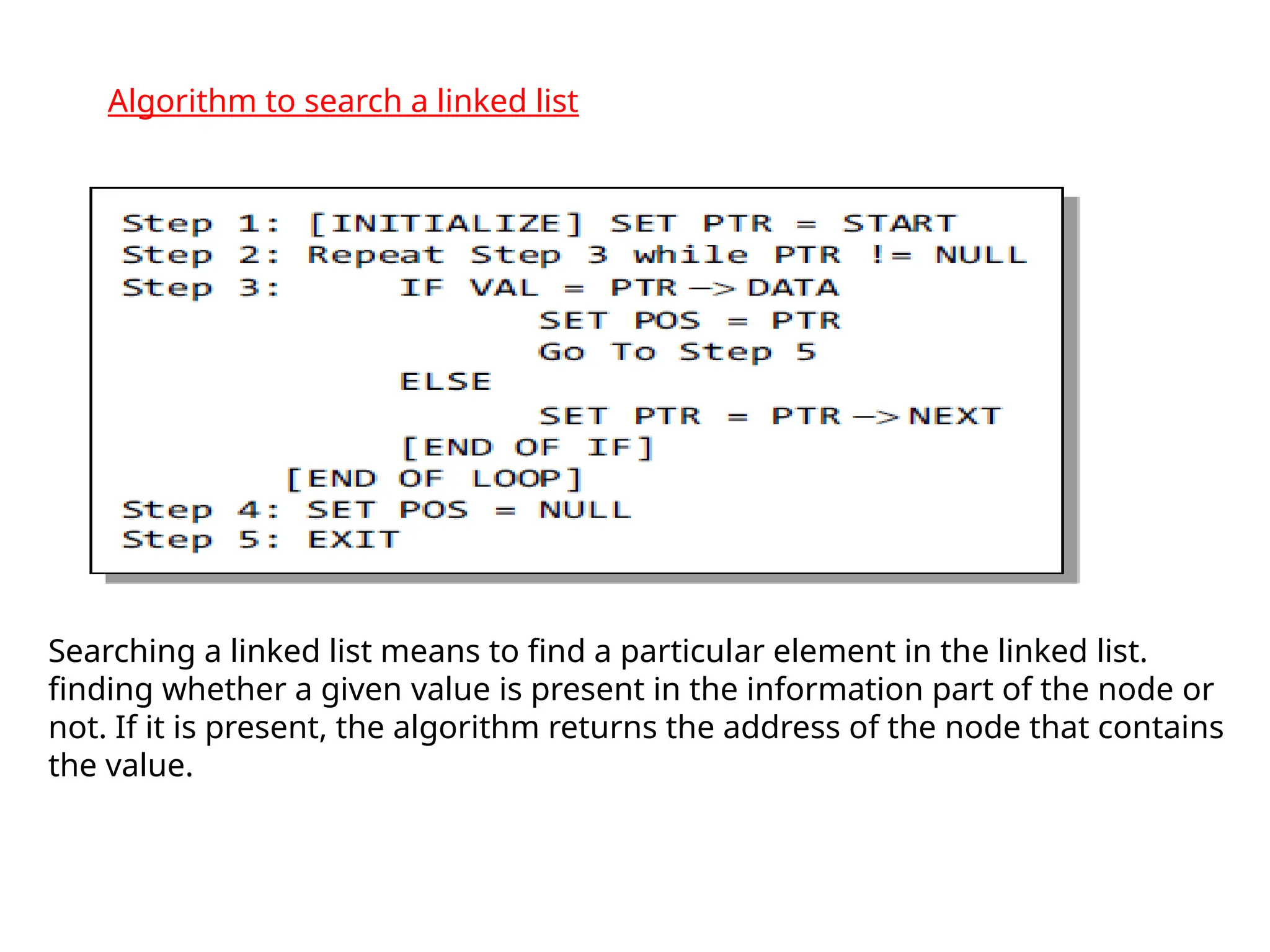 Algorithm to search a linked list
Searching a linked list means to find a particular element in the linked list.
finding whether a given value is present in the information part of the node or
not. If it is present, the algorithm returns the address of the node that contains
the value.
 