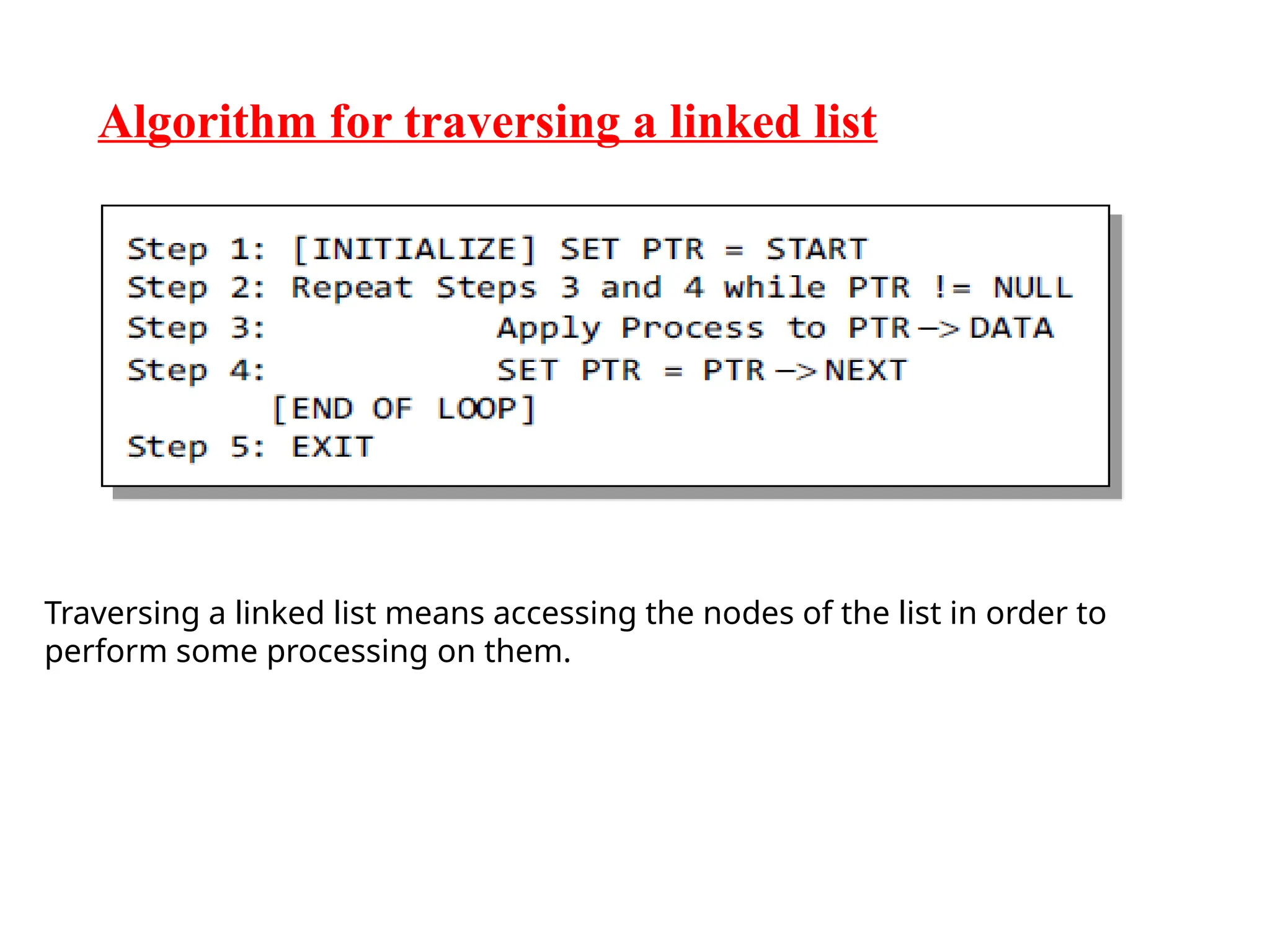 Algorithm for traversing a linked list
Traversing a linked list means accessing the nodes of the list in order to
perform some processing on them.
 
