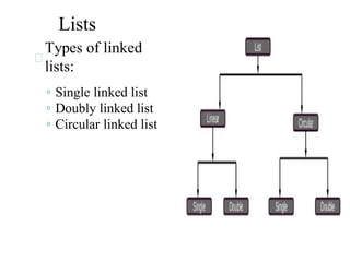 Lists
Types of linked
lists:
◦ Single linked list
◦ Doubly linked list
◦ Circular linked list
 