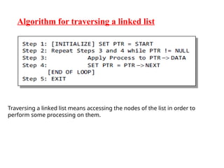 Algorithm for traversing a linked list
Traversing a linked list means accessing the nodes of the list in order to
perform some processing on them.
 