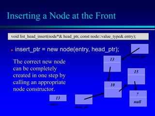 Inserting a Node at the Front
10
15
7
null
head_ptr
entry
13
insert_ptr
13
insert_ptr = new node(entry, head_ptr);
The correct new node
can be completely
created in one step by
calling an appropriate
node constructor.
void list_head_insert(node*& head_ptr, const node::value_type& entry);
 