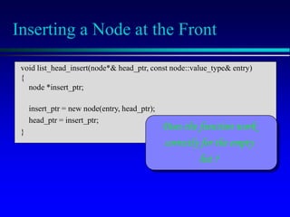 Inserting a Node at the Front
void list_head_insert(node*& head_ptr, const node::value_type& entry)
{
node *insert_ptr;
insert_ptr = new node(entry, head_ptr);
head_ptr = insert_ptr;
}
Does the function work
correctly for the empty
list ?
 