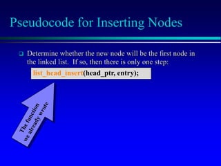 Pseudocode for Inserting Nodes
 Determine whether the new node will be the first node in
the linked list. If so, then there is only one step:
list_head_insert(head_ptr, entry);
 