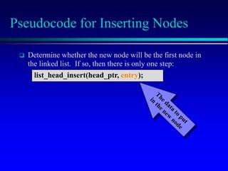 Pseudocode for Inserting Nodes
 Determine whether the new node will be the first node in
the linked list. If so, then there is only one step:
list_head_insert(head_ptr, entry);
 