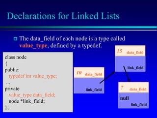  The data_field of each node is a type called
value_type, defined by a typedef.
data_field
link_field
10
data_field
link_field
15
data_field
link_field
7
null
class node
{
public:
typedef int value_type;
...
private
value_type data_field;
node *link_field;
};
Declarations for Linked Lists
 