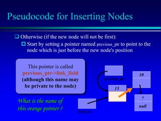 Pseudocode for Inserting Nodes
15
10
7
null
head_ptr
 Otherwise (if the new node will not be first):
 Start by setting a pointer named previous_ptr to point to the
node which is just before the new node's position
This pointer is called
previous_ptr->link_field
(although this name may
be private to the node)
What is the name of
this orange pointer ?
previous_ptr
 