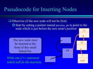 Pseudocode for Inserting Nodes
15
10
7
null
head_ptr
 Otherwise (if the new node will not be first):
 Start by setting a pointer named previous_ptr to point to the
node which is just before the new node's position.
The new node must
be inserted at the
front of this small
linked list.
13
Write one C++ statement
which will do the insertion.
previous_ptr
 