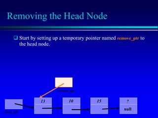 Removing the Head Node
10 15 7
null
head_ptr
13
 Start by setting up a temporary pointer named remove_ptr to
the head node.
remove_ptr
 