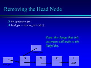 Removing the Head Node
10 15 7
null
head_ptr
13
 Set up remove_ptr.
 head_ptr = remove_ptr->link( );
remove_ptr
Draw the change that this
statement will make to the
linked list.
 