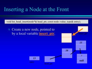 Inserting a Node at the Front
 Create a new node, pointed to
by a local variable insert_ptr.
10
15
7
null
head_ptr
entry
13
insert_ptr
void list_head_insert(node*& head_ptr, const node::value_type& entry);
 