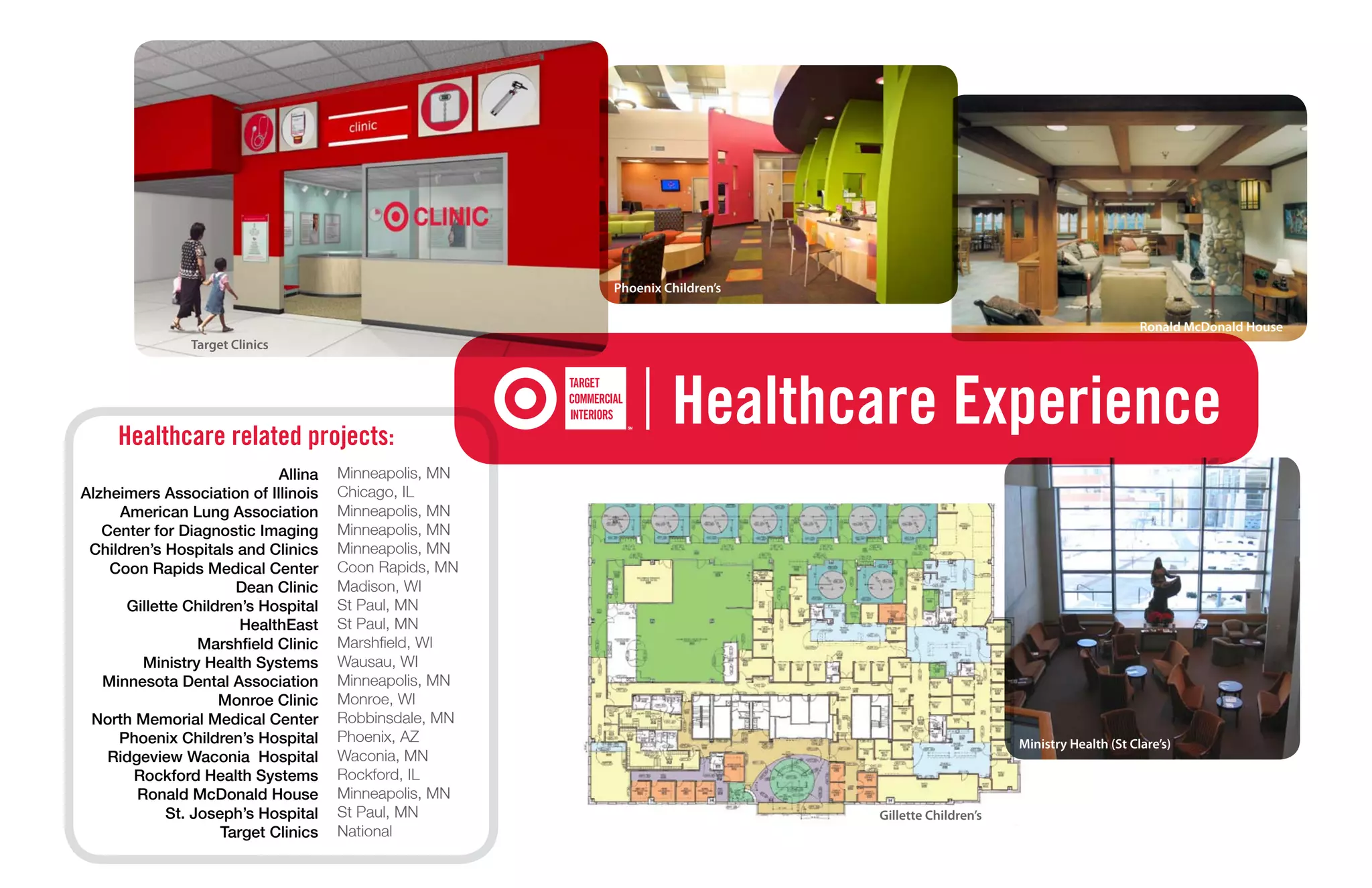 Phoenix Children’s

                                                                                                                        Ronald McDonald House
               Target Clinics




     Healthcare related projects:
                                                                Healthcare Experience
                            Allina   Minneapolis, MN
Alzheimers Association of Illinois   Chicago, IL
     American Lung Association       Minneapolis, MN
   Center for Diagnostic Imaging     Minneapolis, MN
 Children’s Hospitals and Clinics    Minneapolis, MN
    Coon Rapids Medical Center       Coon Rapids, MN
                      Dean Clinic    Madison, WI
      Gillette Children’s Hospital   St Paul, MN
                       HealthEast    St Paul, MN
                 Marshfield Clinic   Marshfield, WI
         Ministry Health Systems     Wausau, WI
   Minnesota Dental Association      Minneapolis, MN
                    Monroe Clinic    Monroe, WI
 North Memorial Medical Center       Robbinsdale, MN
     Phoenix Children’s Hospital     Phoenix, AZ                                                  Ministry Health (St Clare’s)
    Ridgeview Waconia Hospital       Waconia, MN
       Rockford Health Systems       Rockford, IL
        Ronald McDonald House        Minneapolis, MN
            St. Joseph’s Hospital    St Paul, MN                            Gillette Children’s
                    Target Clinics   National
 