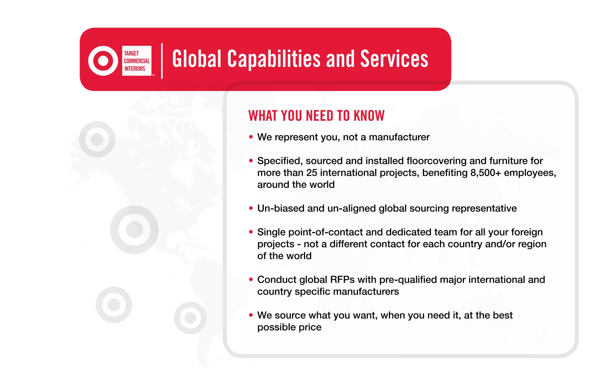 Global Capabilities and Services

         WHAT YOU NEED TO KNOW
         •	 We represent you, not a manufacturer

         •	 Specified, sourced and installed floorcovering and furniture for
            more than 25 international projects, benefiting 8,500+ employees,
            around the world

         •	 Un-biased and un-aligned global sourcing representative

         •	 Single point-of-contact and dedicated team for all your foreign
            projects - not a different contact for each country and/or region
            of the world

         •	 Conduct global RFPs with pre-qualified major international and
            country specific manufacturers

         •	 We source what you want, when you need it, at the best
            possible price
 
