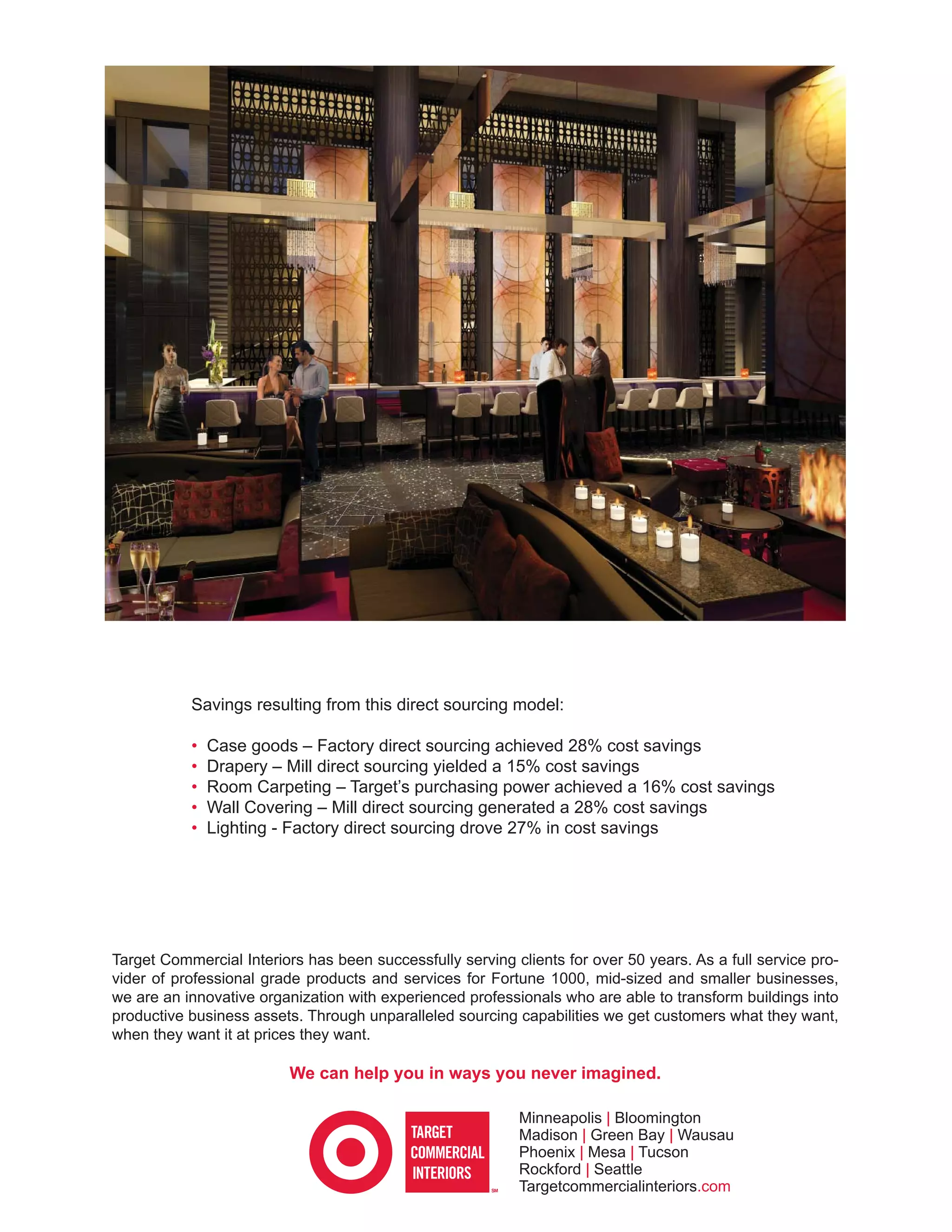 Savings resulting from this direct sourcing model:

           •   Case goods – Factory direct sourcing achieved 28% cost savings
           •   Drapery – Mill direct sourcing yielded a 15% cost savings
           •   Room Carpeting – Target’s purchasing power achieved a 16% cost savings
           •   Wall Covering – Mill direct sourcing generated a 28% cost savings
           •   Lighting - Factory direct sourcing drove 27% in cost savings




Target Commercial Interiors has been successfully serving clients for over 50 years. As a full service pro-
vider of professional grade products and services for Fortune 1000, mid-sized and smaller businesses,
we are an innovative organization with experienced professionals who are able to transform buildings into
productive business assets. Through unparalleled sourcing capabilities we get customers what they want,
when they want it at prices they want.

                          We can help you in ways you never imagined.

                                                           Minneapolis | Bloomington
                                                           Madison | Green Bay | Wausau
                                                           Phoenix | Mesa | Tucson
                                                           Rockford | Seattle
                                                           Targetcommercialinteriors.com
 