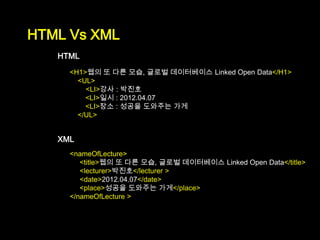 HTML Vs XML
   HTML
     <H1>웹의 또 다른 모습, 글로벌 데이터베이스 Linked Open Data</H1>
       <UL>
         <LI>강사 : 박진호
         <LI>일시 : 2012.04.07
         <LI>장소 : 성공을 도와주는 가게
       </UL>


   XML
     <nameOfLecture>
        <title>웹의 또 다른 모습, 글로벌 데이터베이스 Linked Open Data</title>
        <lecturer>박진호</lecturer >
        <date>2012.04.07</date>
        <place>성공을 도와주는 가게</place>
     </nameOfLecture >
 