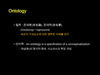 Ontology


  • 철학 : 존재론(存在論), 존재학(存在學)
      – Onto(being) + logos(word)
      – 세상의 구성요소에 대한 명확한 이해를 연구


  • 언어학 : An ontology is a specification of a conceptualization.
      – 개념(화)의 명시적 명세, 시소러스의 확장 개념
 