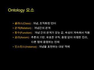 Ontology 요소


 • 클래스(Class) : 개념, 조직화된 언어
 • 관계(Relation) : 개념간의 관계
 • 함수(Function) : 개념 간의 관계가 갖는 값, 속성이 계속해서 적용
 • 공리(Axiom) : 추론의 기반. 유효한 규칙. 증명 없이 자명한 진리,
            다른 명제 증명하는 전제
 • 인스턴스(Instance) : 개념을 표현하는 대상 객체
 