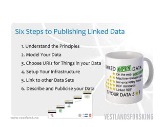 Six Steps to Publishing Linked Data
      1. Understand the Principles
      2. Model Your Data
      2  Model Your Data
      3. Choose URIs for Things in your Data
      4. Setup Your Infrastructure
      4  Setup Your Infrastructure
      5. Link to other Data Sets
      6. Describe and Publicise your Data
      6  D    ib   d P bli i         D t




www.vestforsk.no
 
