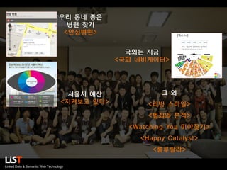 우리 동네 좋은
병원 찾기
<안심병원>
국회는 지금
<국회 네비게이터>

서울시 예산
<지켜보고 있다>

그 외
<리빙 스마일>
<범죄의 흔적>
<Watching You 미아찾기>

<Happy Catalyst>
<룰루랄라>
Linked Data & Semantic Web Technology

 