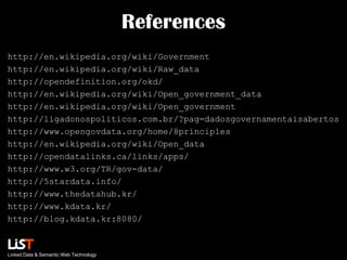 References
http://en.wikipedia.org/wiki/Government
http://en.wikipedia.org/wiki/Raw_data
http://opendefinition.org/okd/
http://en.wikipedia.org/wiki/Open_government_data
http://en.wikipedia.org/wiki/Open_government
http://ligadonospoliticos.com.br/?pag=dadosgovernamentaisabertos
http://www.opengovdata.org/home/8principles
http://en.wikipedia.org/wiki/Open_data
http://opendatalinks.ca/links/apps/
http://www.w3.org/TR/gov-data/
http://5stardata.info/
http://www.thedatahub.kr/
http://www.kdata.kr/
http://blog.kdata.kr:8080/

Linked Data & Semantic Web Technology

 