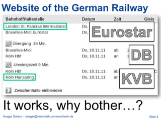 Website of the German Railway




It works, why bother…?
Ansgar Scherp – ansgar@informatik.uni-mannheim.de   Slide 4
 