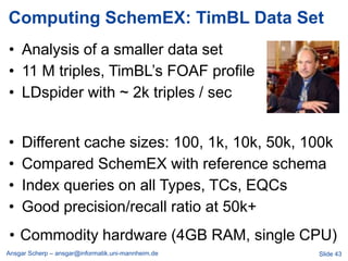 Computing SchemEX: TimBL Data Set
• Analysis of a smaller data set
• 11 M triples, TimBL‘s FOAF profile
• LDspider with ~ 2k triples / sec


•   Different cache sizes: 100, 1k, 10k, 50k, 100k
•   Compared SchemEX with reference schema
•   Index queries on all Types, TCs, EQCs
•   Good precision/recall ratio at 50k+
• Commodity hardware (4GB RAM, single CPU)
Ansgar Scherp – ansgar@informatik.uni-mannheim.de   Slide 43
 