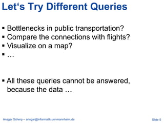 Let„s Try Different Queries

 Bottlenecks in public transportation?
 Compare the connections with flights?
 Visualize on a map?
…


 All these queries cannot be answered,
  because the data …


Ansgar Scherp – ansgar@informatik.uni-mannheim.de   Slide 5
 