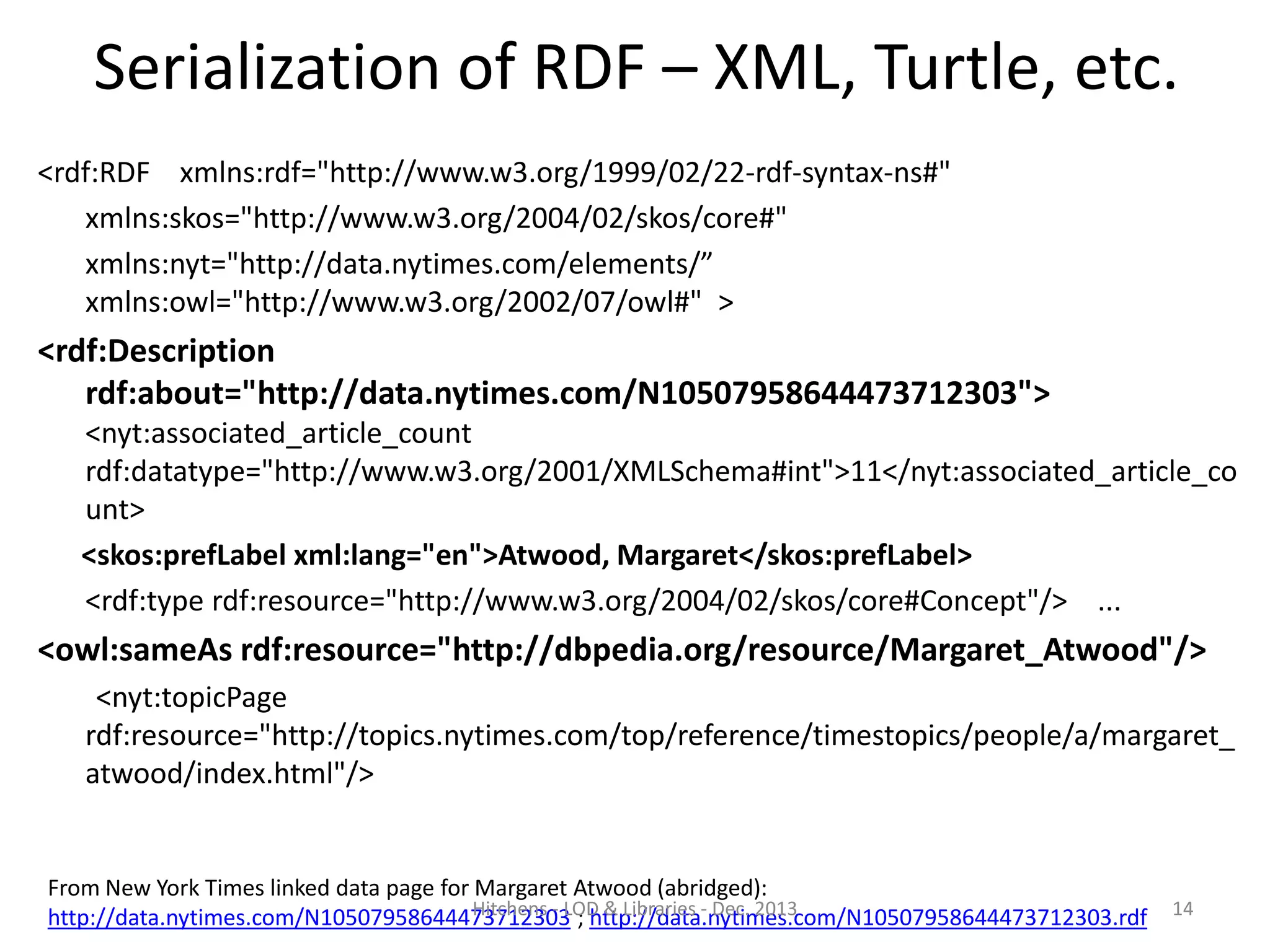Serialization of RDF – XML, Turtle, etc.
<rdf:RDF xmlns:rdf="http://www.w3.org/1999/02/22-rdf-syntax-ns#"
xmlns:skos="http://www.w3.org/2004/02/skos/core#"
xmlns:nyt="http://data.nytimes.com/elements/”
xmlns:owl="http://www.w3.org/2002/07/owl#" >

<rdf:Description
rdf:about="http://data.nytimes.com/N10507958644473712303">
<nyt:associated_article_count
rdf:datatype="http://www.w3.org/2001/XMLSchema#int">11</nyt:associated_article_co
unt>
<skos:prefLabel xml:lang="en">Atwood, Margaret</skos:prefLabel>
<rdf:type rdf:resource="http://www.w3.org/2004/02/skos/core#Concept"/> ...

<owl:sameAs rdf:resource="http://dbpedia.org/resource/Margaret_Atwood"/>
<nyt:topicPage
rdf:resource="http://topics.nytimes.com/top/reference/timestopics/people/a/margaret_
atwood/index.html"/>

From New York Times linked data page for Margaret Atwood (abridged):
Hitchens - LOD & Libraries - Dec. 2013
http://data.nytimes.com/N10507958644473712303 ; http://data.nytimes.com/N10507958644473712303.rdf

14

 