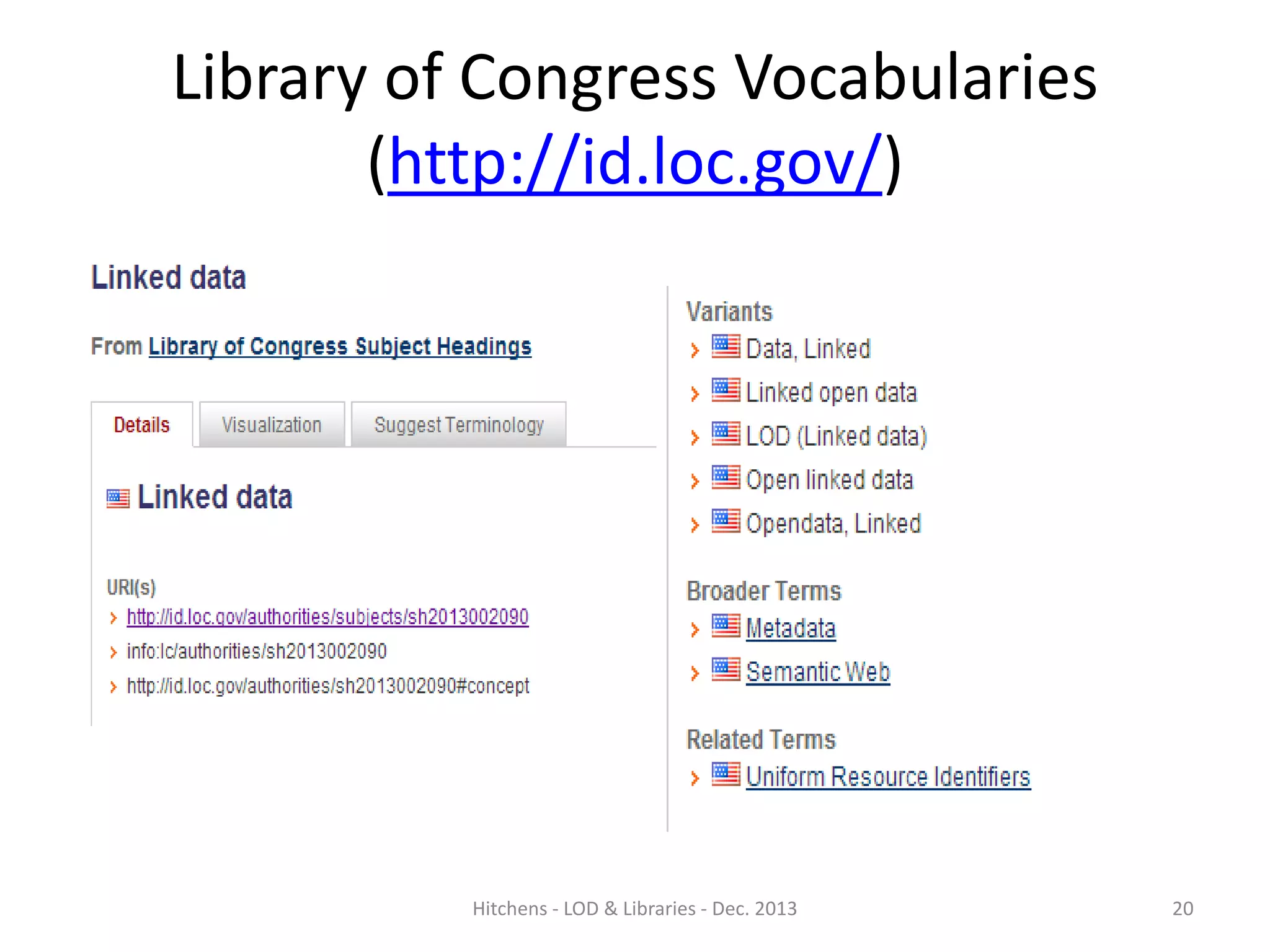 Library of Congress Vocabularies
(http://id.loc.gov/)

Hitchens - LOD & Libraries - Dec. 2013

20

 