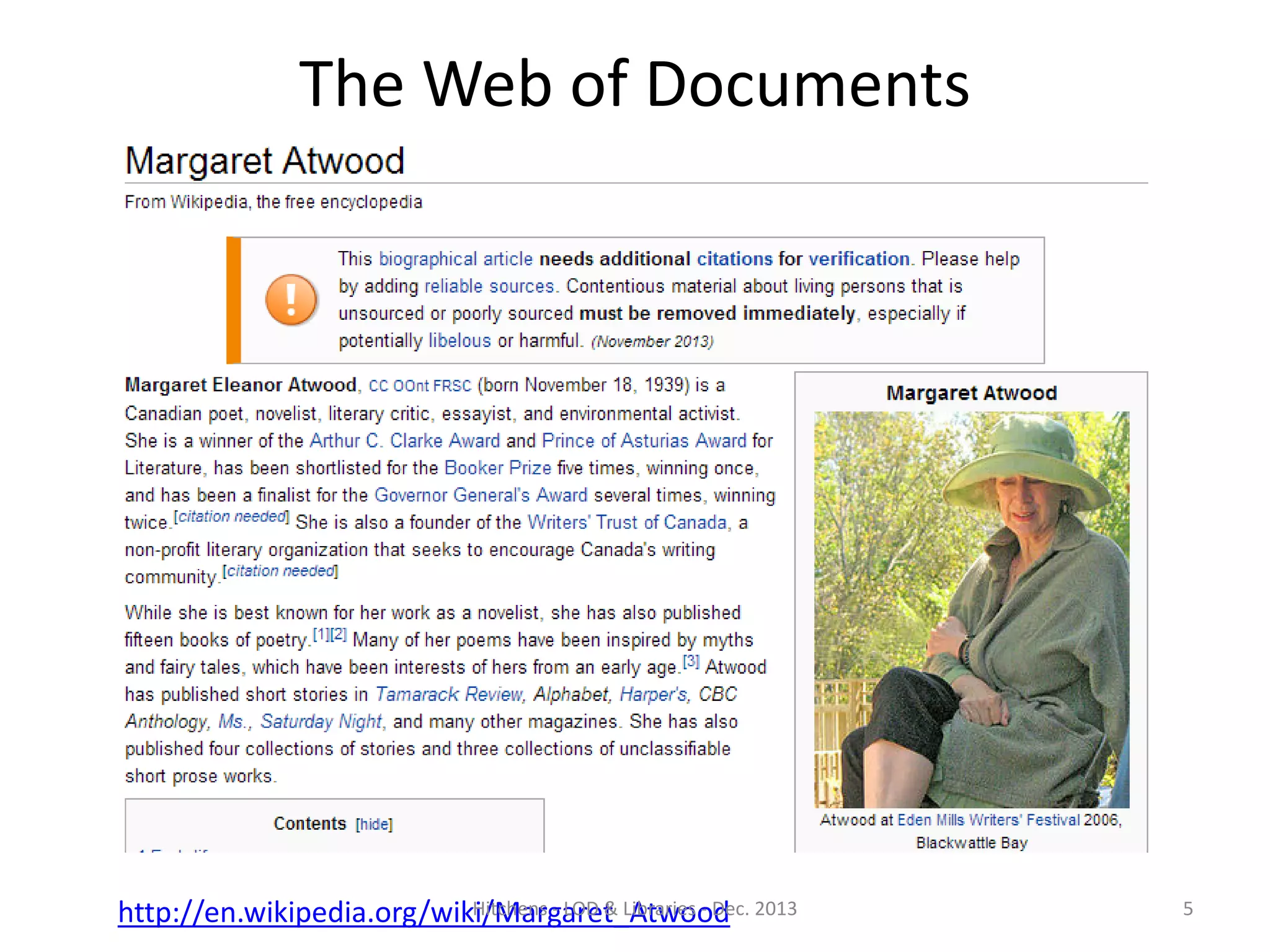 The Web of Documents

Hitchens - LOD & Libraries - Dec.
http://en.wikipedia.org/wiki/Margaret_Atwood 2013

5

 