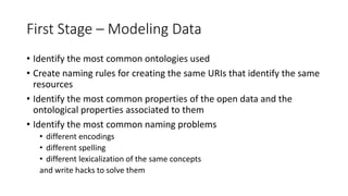 First Stage – Modeling Data
• Identify the most common ontologies used
• Create naming rules for creating the same URIs that identify the same
resources
• Identify the most common properties of the open data and the
ontological properties associated to them
• Identify the most common naming problems
• different encodings
• different spelling
• different lexicalization of the same concepts
and write hacks to solve them
 