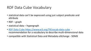 RDF Data Cube Vocabulary
• statistical data can’t be expressed using just subject predicate and
attribute
• RDF – graph
• statistical data – hypergraph
• RDF Data Cube https://www.w3.org/TR/vocab-data-cube -
recommendation for a vocabulary to describe multi-dimensional data
• compatible with Statistical Data and Metadata eXchange - SDMX
 