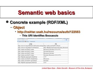Semantic web basicsSemantic web basics
Concrete example (RDF/XML)Concrete example (RDF/XML)
– ObjectObject
• http://nekta...