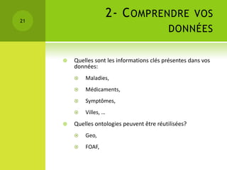 21
                         2- C OMPRENDRE VOS
                                             DONNÉES


        Quelles sont les informations clés présentes dans vos
         données:
            Maladies,
            Médicaments,
            Symptômes,
            Villes, …
        Quelles ontologies peuvent être réutilisées?
            Geo,
            FOAF,
 