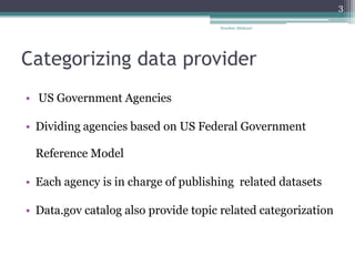 Categorizing data provider
• US Government Agencies
• Dividing agencies based on US Federal Government
Reference Model
• Each agency is in charge of publishing related datasets
• Data.gov catalog also provide topic related categorization
Nooshin Allahyari
3
 