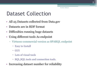 Dataset Collection
• All 25 Datasets collected from Data.gov
• Datasets are in RDF format
• Difficulties running huge datasets
• Using different tools As endpoint
▫ Virtuoso commercial version as SPARQL endpoint
 Easy to Install
 GUI
 Lots of visual tools
 SQL,SQL tools and connection tools.
• Increasing dataset number for reliability
Nooshin Allahyari
5
 